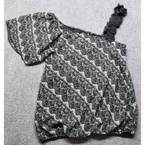 Wrapper Blouse Womens XL Black White Lace One Shoulder Top Ruffle Flower Sleeve